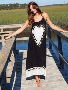 NATURAL LIFE Coco Sayulita Cotton Maxi Beach Dress Black with White Heart - XS/S